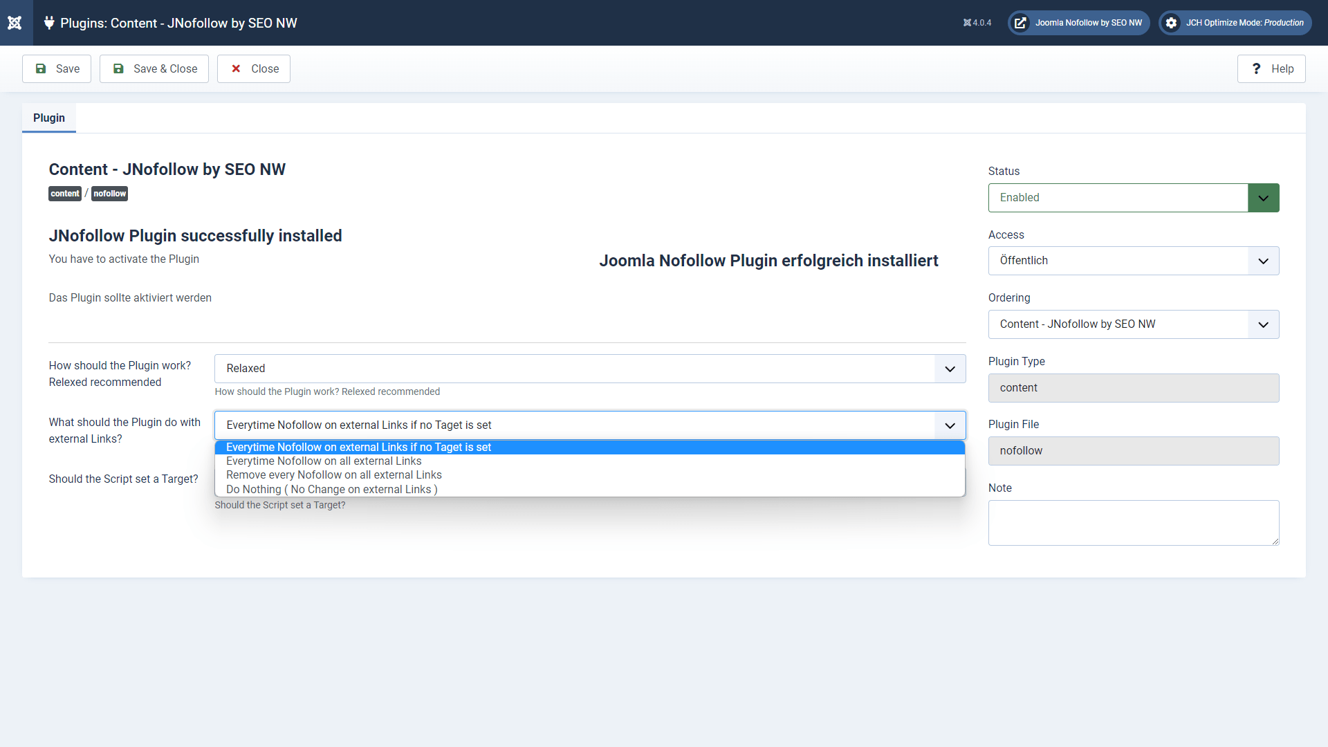 JNofollow-Konfiguration – rel-Strategie, target-Option, Listen und Bypass-Regeln