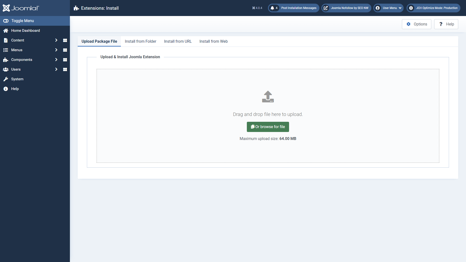 Joomla-Erweiterungsmanager – Upload des JNofollow-Plugin-ZIPs