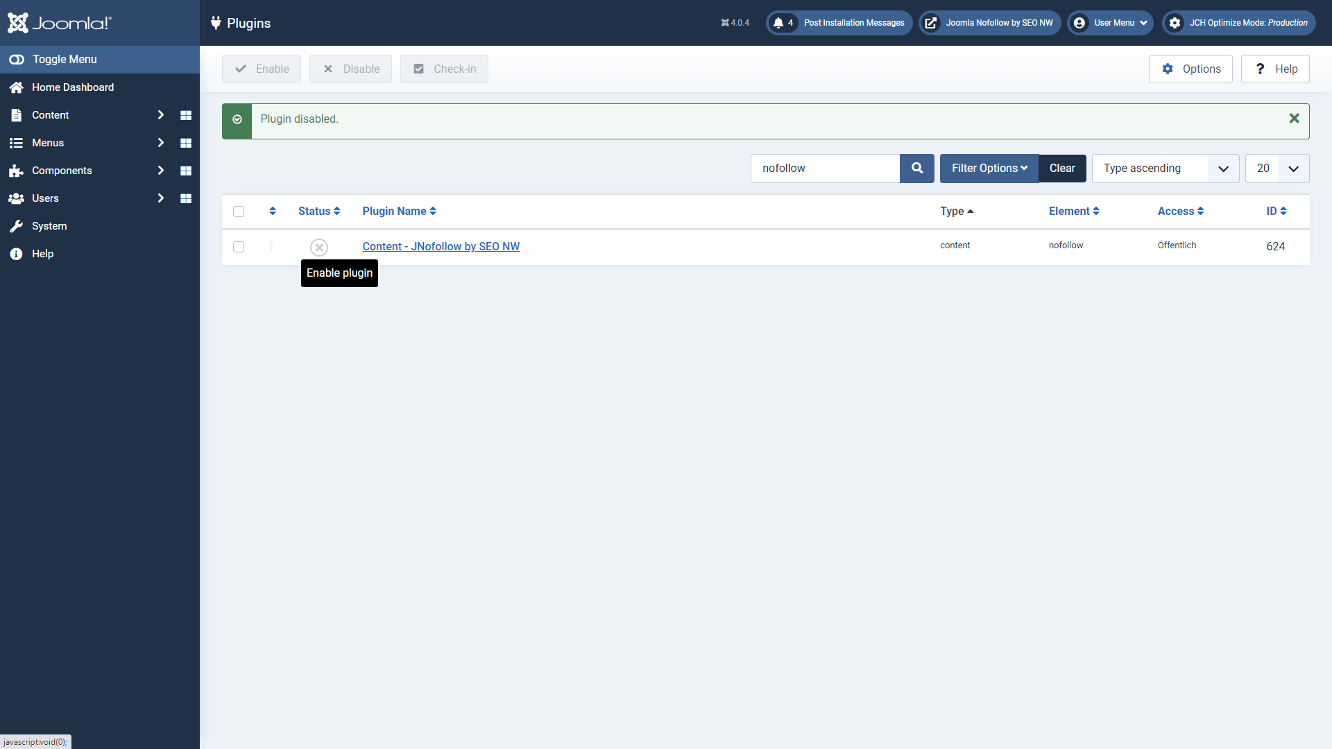 Joomla-Plugin-Manager – Aktivieren von Content – JNofollow by SEO NW